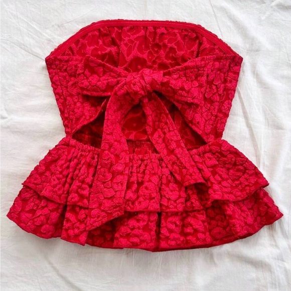 Women’s Ladies Casual Jacquard Tie Backless Peplum Tube Top - Picture 2 of 6